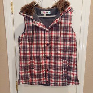 Roxy Women's Vest - Plaid with Fur Hood